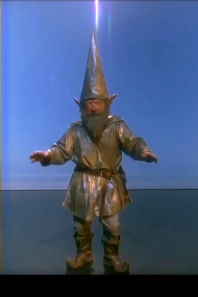 Dark fantasy gnome causing mischief in a castle archive