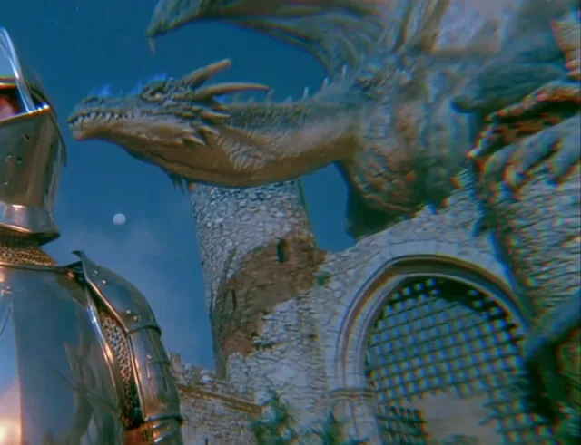 VHS dragon flying above a burning fantasy castle